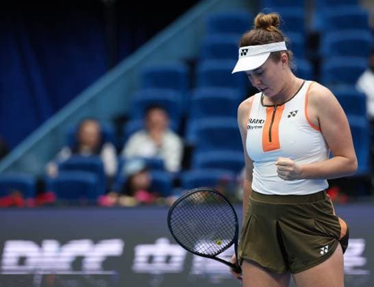 (251003) -- BEIJING, Oct. 3, 2025 -- Linda Noskova celebrates scoring during the women s singles quarterfinal match between Linda Noskova of the Czech Reoublic and Sonay Kartal of Britain at 2025 China Open tennis tournament in Beijing, China, Oct. 3, 2025. (Photo by Xinhua) (SP)CHINA-BEIJING-TENNIS-CHINA OPEN-WOMEN S SINGLES-QUARTERFINAL (CN) MaxZihan 