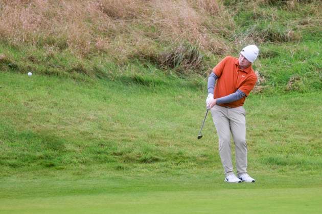3rd October 2025; Kingsbarns Golf Links, St Andrews, Fife, Scotland; Alfred Dunhill Links Golf Championship, Round Two; Robert Macintyre of Scotland chips to the twelfth green at Kingsbarns Golf Links during the second round of the Alfred Dunhill Links Championship  DavidxYoung