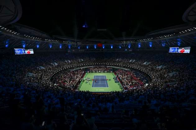(251003) -- SHANGHAI, Oct. 3, 2025 -- Photo taken on Oct. 3, 2025 shows a general scene of the court after the men s singles round of 64 match between Novak Djokovic of Serbia and Borna Coric of Croatia at the ATP, Tennis Herren World Tour Shanghai Masters tennis tournament in Shanghai, east China. ) (SP)CHINA-SHANGHAI-TENNIS-ATP TOUR-SHANGHAI MASTERS-MEN S SINGLES (CN) ChenxHaoming 