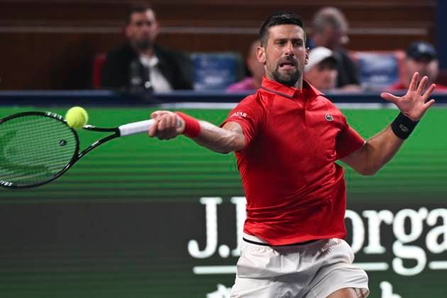 (251003) -- SHANGHAI, Oct. 3, 2025 -- Novak Djokovic hits a return during the men s singles round of 64 match between Novak Djokovic of Serbia and Borna Coric of Croatia at the ATP, Tennis Herren World Tour Shanghai Masters tennis tournament in Shanghai, east China, Oct. 3, 2025. ) (SP)CHINA-SHANGHAI-TENNIS-ATP TOUR-SHANGHAI MASTERS-MEN S SINGLES (CN) ChenxHaoming 