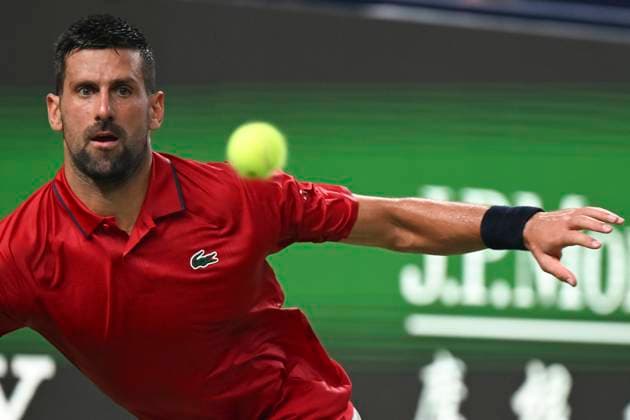 (251003) -- SHANGHAI, Oct. 3, 2025 -- Novak Djokovic reacts during the men s singles round of 64 match between Novak Djokovic of Serbia and Borna Coric of Croatia at the ATP, Tennis Herren World Tour Shanghai Masters tennis tournament in Shanghai, east China, Oct. 3, 2025. ) (SP)CHINA-SHANGHAI-TENNIS-ATP TOUR-SHANGHAI MASTERS-MEN S SINGLES (CN) ChenxHaoming 