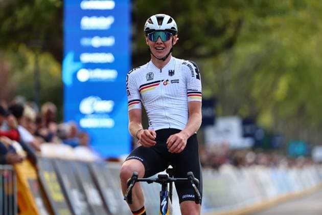 Karl Herzorg pictured crossing the finish line of the Women Junior Road Race at the UEC road European cycling championships, a 62,9 km track in Loriol-sur-Drome, France on Friday 03 October 2025. The European cycling championships Drome-Ardeche takes place from 1 to 5 October, France. DAVIDxPINTENS  x135993674x