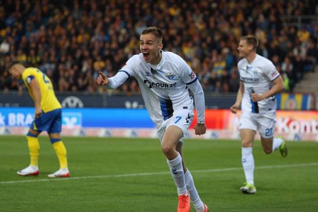 Braunschweig vs Paderborn, 2 BL Braunschweig, 03 10 2025, FOOTBALL Eintracht Braunschweig vs SC Paderborn, 2 BL, Season 2025 26 Filip Bilbija SC Paderborn celebrates after scoring a header to make it 0 1 Braunschweig