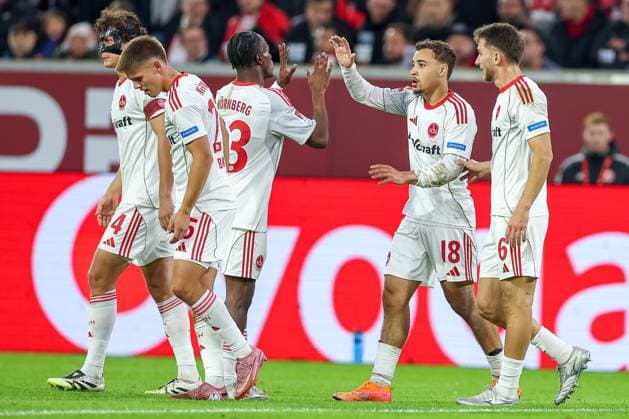 03 10 2025, Football, Fortuna Düsseldorf 1 FC Nürnberg, 2 Fußball Bundesliga, Merkur Spiel Arena, Saison 2025 2026 Goal celebration after the goal to 1 0 by scorer Rafael Lubach 1FC Nuernberg 18 together with Mohamed AlÃ¬ Zoma 1FC Nuernberg 23 DFB regulations prohibit any use of photographs as image sequences and or quasi video Nordrhein Westfalen Germany