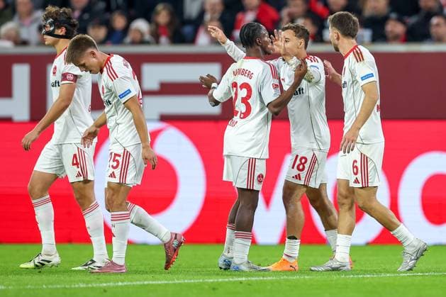 03 10 2025, Football, Fortuna Düsseldorf 1 FC Nürnberg, 2 Fußball Bundesliga, Merkur Spiel Arena, Saison 2025 2026 Goal celebration after the goal to 1 0 by scorer Rafael Lubach 1FC Nuernberg 18 together with Mohamed AlÃ¬ Zoma 1FC Nuernberg 23 DFB regulations prohibit any use of photographs as image sequences and or quasi video Nordrhein Westfalen Germany