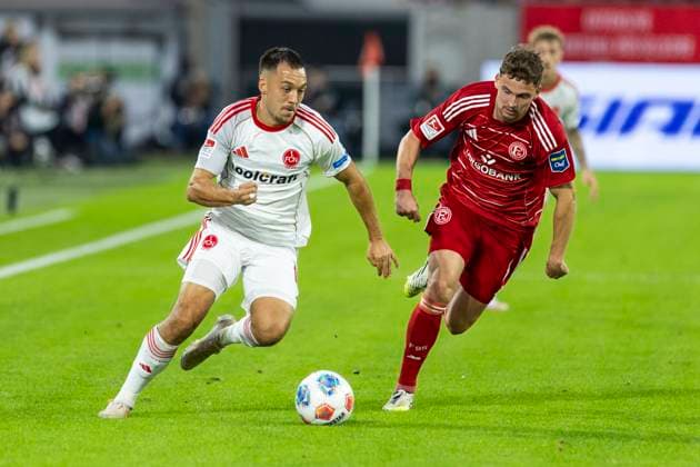 2 Soccer Bundesliga, Fortuna Düsseldorf 1 FC Nürnberg 03 10 2025 Julian Justvan 1 FC Nürnberg, 10 , Moritz Heyer Fortuna Düsseldorf, 5 2 Soccer Bundesliga, Fortuna Düsseldorf 1 FC Nürnberg, 8 Matchday, on 03 10 2025, Merkur Spiel Arena, Düsseldorf DFL regulations prohibit any use of photographs as image sequences and or quasi video Copyright: xBEAUTIFULxSPORTS Meuselx