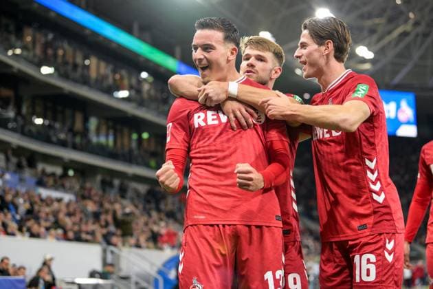 Soccer, 1 Bundesliga, 20251003, TSG 1899 Hoffenheim 1 FC Köln In the picture Goal 0 1, Goal celebration, f l Goalscorer Said EL MALA Cologne, 13 , Jan THIELMANN Cologne, 29 , Jakub KAMINSKI Cologne, 16 Sinsheim PreZero Arena Baden Württemberg Germany Copyright: Passion2Press MarkusxFischerx