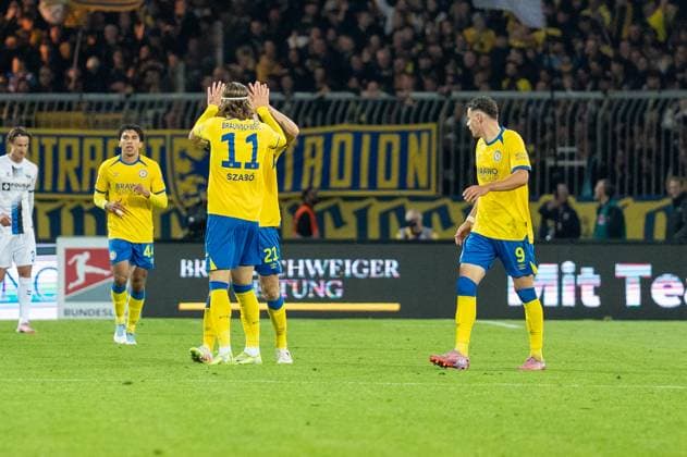 Germany Soccer 2 Liga, Matchday 8 2025 2026, Eintracht Braunschweig vs SC Paderborn 07 on 03 10 in Braunschweig Eintracht Stadion Goal celebration to 1 1 by Levente Szabo Eintracht Braunschweig 11 Copyright: xSvenxHeidmannx