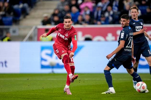 from left goalscorer Said El Mala Cologne, 13 pulls away, Albian Hajdari Hoffenheim, 21 and Wouter Burger Hoffenheim, 18 can only watch, scores the goal to 0 1, goal, goal success, highlight, action, Action, Match scene, 03 10 2025, Sinsheim Germany , Football, Bundesliga, TSG 1899 Hoffenheim 1 FC Köln, DFB DFL REGULATIONS PROHIBIT ANY USE OF PHOTOGRAPHS AS IMAGE SEQUENCES AND OR QUASI VIDEO xozx