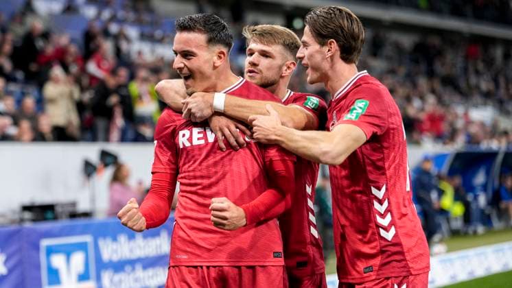 from left goalscorer Said El Mala Cologne, 13 , Jan Uwe Thielmann Cologne, 29 , Jakub Kaminski Cologne, 16 , players of 1 FC Cologne, cheer about the goal to 0 1, jubilation, goal celebration, celebrate the goal, goal, celebration, cheers about the goal, rejoice, joy, optimistic, positive, game scene, highlight, action, 03 10 2025, Sinsheim Germany , Soccer, Bundesliga, TSG 1899 Hoffenheim 1 FC Köln, DFB DFL REGULATIONS PROHIBIT ANY USE OF PHOTOGRAPHS AS IMAGE SEQUENCES AND OR QUASI VIDEO xozx