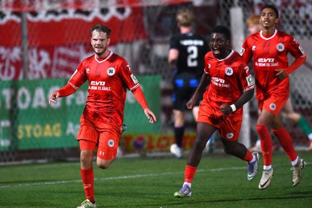 Soccer Men Regionalliga West Season 2025 2026 11 Matchday Red White Oberhausen SC Paderborn U21 on 03 10 2025 at Stadion Niederrhein in Oberhausen Goal celebration to 1 0 by Luca Vincent Schlax Red White Oberhausen , front North Rhine Westphalia Germany