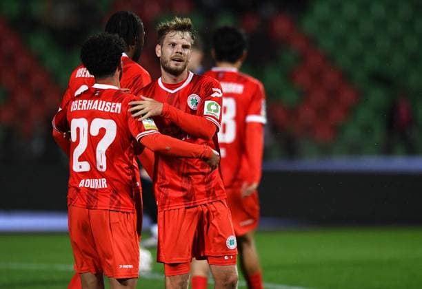 Soccer Men Regionalliga West Season 2025 2026 11 Matchday Red White Oberhausen SC Paderborn U21 on 03 10 2025 at Stadion Niederrhein in Oberhausen Goal celebration to 1 0 by Luca Vincent Schlax Red White Oberhausen , right Ayman Aourir Red White Oberhausen , left North Rhine Westphalia Germany