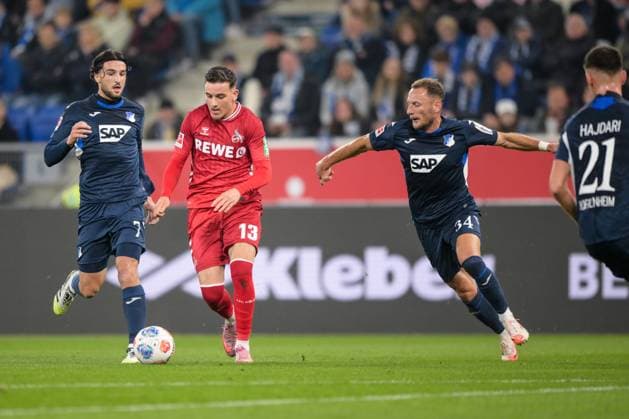 Soccer, 1 Bundesliga, 20251003, TSG 1899 Hoffenheim 1 FC Köln Pictured from l Leon AVDULLAHU Hoffenheim, 7 , Said EL MALA Köln, 13 Dribbling ball, Vladimir COUFAL Hoffenheim, 34 , Albian HAJDARI Hoffenheim, 21 Sinsheim PreZero Arena Baden Württemberg Germany Copyright: Passion2Press MarkusxFischerx