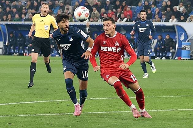 03 10 2025, xrekx, Soccer 1 Bundesliga, TSG 1899 Hoffenheim 1 FC Köln v l Muhammed Damar TSG 1899 Hoffenheim Said El Mala 1 FC Koeln Zweikampf, Aktion, action, battle for the ball DFL DFB REGULATIONS PROHIBIT ANY USE OF PHOTOGRAPHS as IMAGE SEQUENCES and or QUASI VIDEO Sinsheim