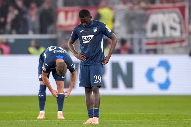 v li Alexander Prass Hoffenheim, 22 , Bazoumana Toure Hoffenheim, 29 , TSG 1899 Hoffenheim player, disappointed about the defeat, disappointment after the final whistle, highlight, loser, lost, frustration, disappointed, pessimistic, 03 10 2025, Sinsheim Germany , Soccer, Bundesliga, TSG 1899 Hoffenheim 1 FC Köln, DFB DFL REGULATES PROHIBIT ANY USE OF PHOTOGRAPHS AS IMAGE SEQUENCES AND OR QUASI VIDEO xozx