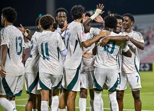 UNITED ARAB EMIRATES V SAUDI ARABIA ,FINAL U-17 GULF CUP QATAR 2025 Abdulrahman Sufyani (3-R) of Saudi Arabia celebrates with teammates after scoring the goal during the Arab Gulf Cup Football Federation (AGCFF) U-17 Gulf Cup Qatar 2025 final football match between United Arab Emirates and Saudi Arabia at Grand Hamad Stadium in Doha, Qatar, on October 3, 2025. DOHA Qatar Copyright: xNOUSHADx