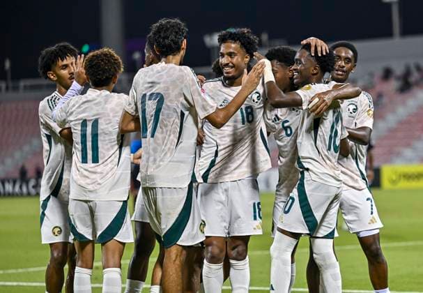 UNITED ARAB EMIRATES V SAUDI ARABIA ,FINAL U-17 GULF CUP QATAR 2025 Abdulrahman Sufyani (2-R) of Saudi Arabia celebrates with teammates after scoring the goal during the Arab Gulf Cup Football Federation (AGCFF) U-17 Gulf Cup Qatar 2025 final football match between United Arab Emirates and Saudi Arabia at Grand Hamad Stadium in Doha, Qatar, on October 3, 2025. DOHA Qatar Copyright: xNOUSHADx