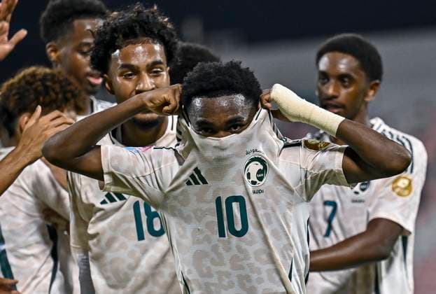 UNITED ARAB EMIRATES V SAUDI ARABIA ,FINAL U-17 GULF CUP QATAR 2025 Abdulrahman Sufyani (2-R) of Saudi Arabia celebrates with teammates after scoring the goal during the Arab Gulf Cup Football Federation (AGCFF) U-17 Gulf Cup Qatar 2025 final football match between United Arab Emirates and Saudi Arabia at Grand Hamad Stadium in Doha, Qatar, on October 3, 2025. DOHA Qatar Copyright: xNOUSHADx
