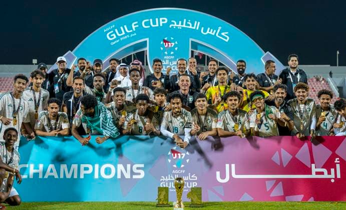 UNITED ARAB EMIRATES V SAUDI ARABIA ,FINAL U-17 GULF CUP QATAR 2025 Players of Saudi Arabia celebrate with trophy after winning the Arab Gulf Cup Football Federation (AGCFF) U-17 Gulf Cup Qatar 2025 final football match between United Arab Emirates and Saudi Arabia at Grand Hamad Stadium in Doha, Qatar, on October 3, 2025. DOHA Qatar Copyright: xNOUSHADx
