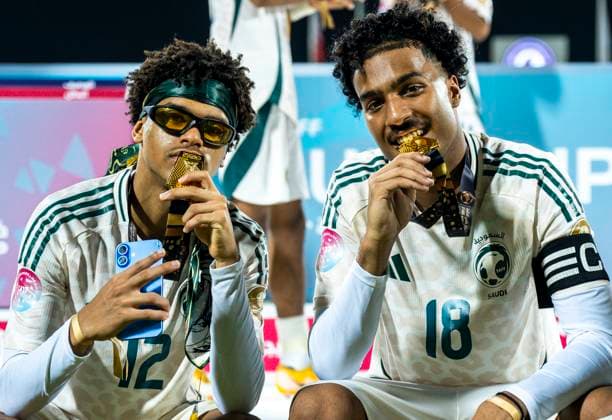 UNITED ARAB EMIRATES V SAUDI ARABIA ,FINAL U-17 GULF CUP QATAR 2025 Adel Saber Bin Hibah (L) and Abdulaziz Alfawaz (R) of Saudi Arabia celebrate after winning the Arab Gulf Cup Football Federation (AGCFF) U-17 Gulf Cup Qatar 2025 final football match between United Arab Emirates and Saudi Arabia at Grand Hamad Stadium in Doha, Qatar, on October 3, 2025. DOHA Qatar Copyright: xNOUSHADx
