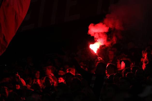 03 10 2025, Football, Fortuna Düsseldorf 1 FC Nürnberg, 2 Fußball Bundesliga, Merkur Spiel Arena, Season 2025 2026 The fans ignite pyrotechnics in the stadium Symbolic image DFB regulations prohibit any use of photographs as image sequences and or quasi video North Rhine-Westphalia Germany
