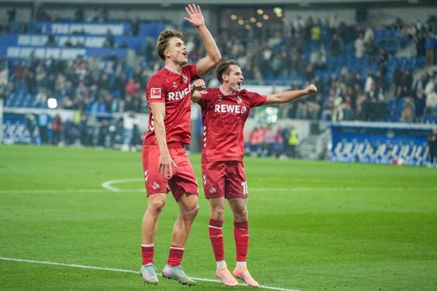 Soccer Bundesliga, Matchday 6, TSG Hoffenheim 1 FC Köln on 03 10 2025 in Sinsheim PreZero Arena , Germany, Season 2025 2026 DFL REGULATIONS PROHIBIT ANY USE OF PHOTOGRAPHS AS IMAGE SEQUENCES AND OR QUASI VIDEO Joel Schmied 2, KOE and Jakub Kaminski 16, KOE celebrate the away win with the fans Sinsheim PreZero Arena Germany Copyright: xChristophxKinzingerx