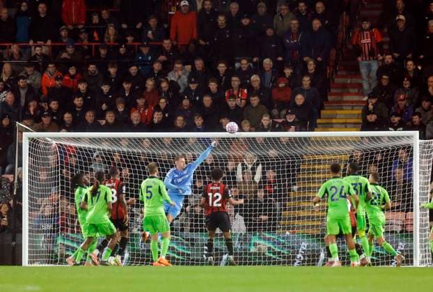 3rd October, Boscombe, Dorset: England; Premier League Football, AFC Bournemouth versus Fulham; Goalkeeper Leno of Fulham stretches to punch the ball away from a corner kick  HongboxChen