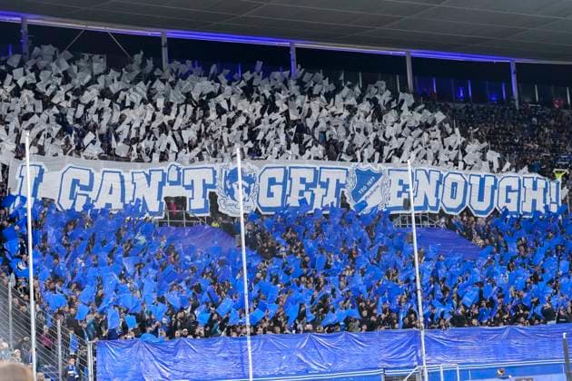 The fans of TSG 1899 Hoffenheim show in the fan curve a banner, banner with the inscription I can t get enough, fans, Ultras audience, spectators, mood, atmosphere, stadium, choreo, Südkurve, 03 10 2025, Sinsheim Germany , Football, Bundesliga, TSG 1899 Hoffenheim 1 FC Köln, DFB DFL REGULATIONS PROHIBIT ANY USE OF PHOTOGRAPHS AS IMAGE SEQUENCES AND OR QUASI VIDEO xozx