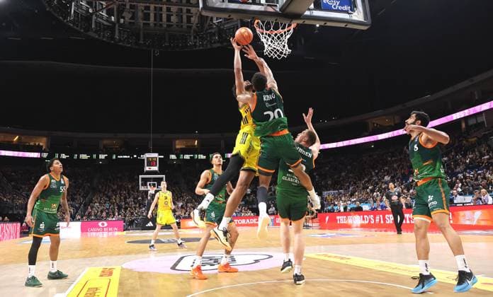 Norris Agbakoko on the ball, Urald King duel Game scene Action Sport Basketball BBL Bundesliga Men Season 2025 2026 03 10 2025 ALBA Berlin vs Gladiators Trier