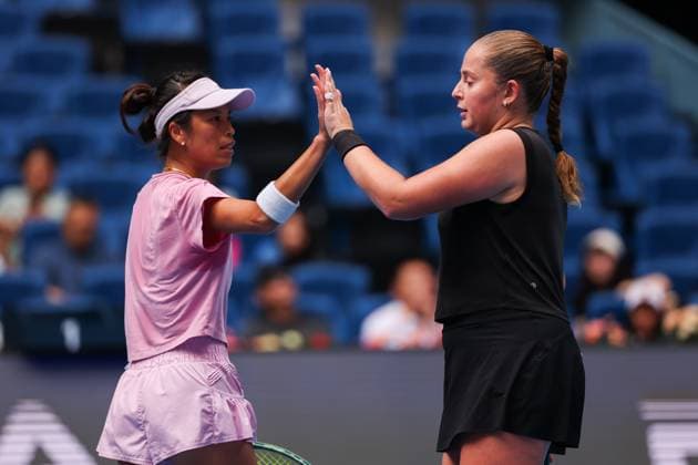 BEIJING, CHINA - OCTOBER 04: Hsieh Su-wei of Chinese Taipei and Jelena Ostapenko of Latvia react in the Women s Doubles Semifinal match against Sara Errani of Italy and Jasmine Paolini of Italy on day 13 of the 2025 China Open at the National Tennis Center on October 4, 2025 in Beijing, China.  Copyright: xVCGx 111595006729