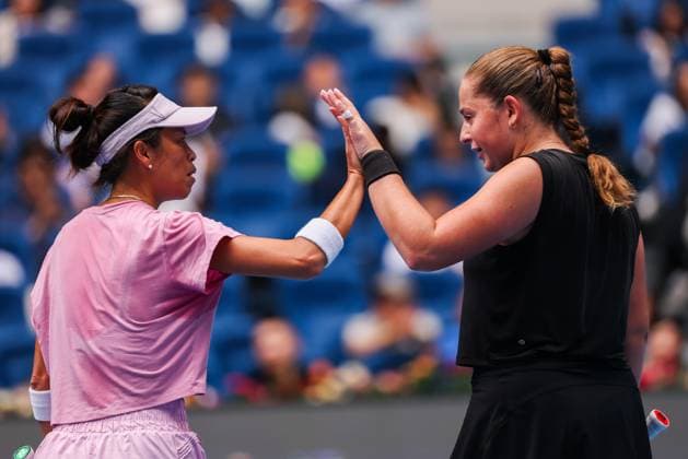 BEIJING, CHINA - OCTOBER 04: Hsieh Su-wei of Chinese Taipei and Jelena Ostapenko of Latvia react in the Women s Doubles Semifinal match against Sara Errani of Italy and Jasmine Paolini of Italy on day 13 of the 2025 China Open at the National Tennis Center on October 4, 2025 in Beijing, China.  Copyright: xVCGx 111595006769