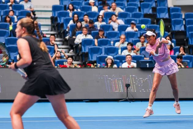 BEIJING, CHINA - OCTOBER 04: Hsieh Su-wei of Chinese Taipei and Jelena Ostapenko of Latvia compete in the Women s Doubles Semifinal match against Sara Errani of Italy and Jasmine Paolini of Italy on day 13 of the 2025 China Open at the National Tennis Center on October 4, 2025 in Beijing, China.  Copyright: xVCGx 111595006786
