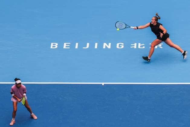 BEIJING, CHINA - OCTOBER 04: Hsieh Su-wei of Chinese Taipei and Jelena Ostapenko of Latvia compete in the Women s Doubles Semifinal match against Sara Errani of Italy and Jasmine Paolini of Italy on day 13 of the 2025 China Open at the National Tennis Center on October 4, 2025 in Beijing, China.  Copyright: xVCGx 111595007311