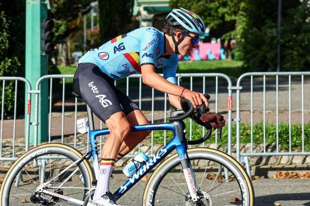 Belgium Jasper Schoofs pictured in action during the 121,1 km Men U23 Road Race at the UEC road European cycling championships, in France on Saturday 04 October 2025. The European cycling championships in Drome-Ardeche takes place from 1 to 5 October. DAVIDxPINTENS  x136040202x