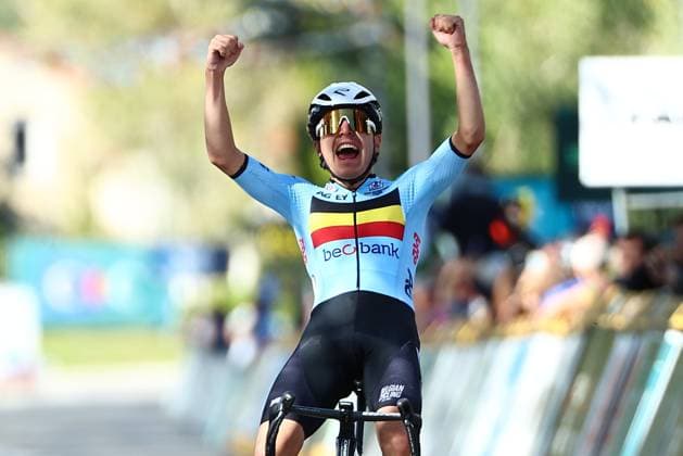 Belgian Jarno Widar celebrates as he crosses the finish line to win the 121,1 km Men U23 Road Race at the UEC road European cycling championships, in France on Saturday 04 October 2025. The European cycling championships in Drome-Ardeche takes place from 1 to 5 October. DAVIDxPINTENS  x136043383x
