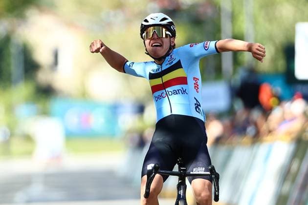 Belgian Jarno Widar celebrates as he crosses the finish line to win the 121,1 km Men U23 Road Race at the UEC road European cycling championships, in France on Saturday 04 October 2025. The European cycling championships in Drome-Ardeche takes place from 1 to 5 October. DAVIDxPINTENS  x136043422x