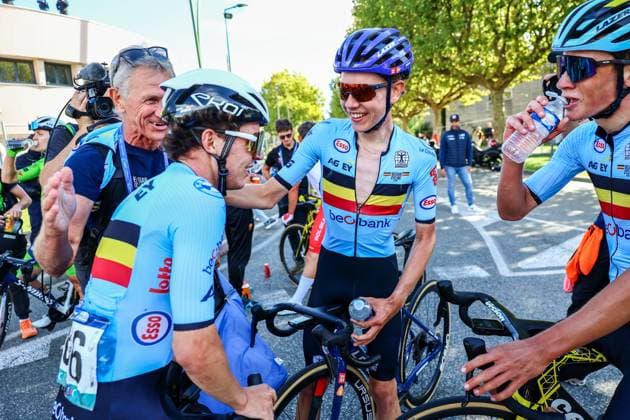 Belgian Jarno Widar celebrates after winning the 121,1 km Men U23 Road Race at the UEC road European cycling championships, in France on Saturday 04 October 2025. The European cycling championships in Drome-Ardeche takes place from 1 to 5 October. DAVIDxPINTENS  x136043457x
