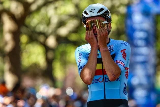 Belgian Jarno Widar celebrates as he crosses the finish line to win the 121,1 km Men U23 Road Race at the UEC road European cycling championships, in France on Saturday 04 October 2025. The European cycling championships in Drome-Ardeche takes place from 1 to 5 October. DAVIDxPINTENS  x136043545x