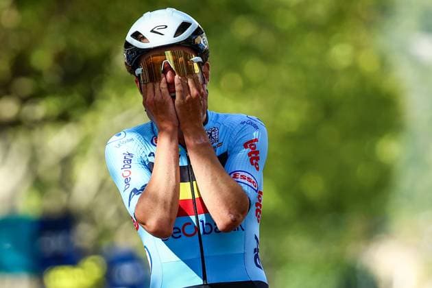 Belgian Jarno Widar celebrates as he crosses the finish line to win the 121,1 km Men U23 Road Race at the UEC road European cycling championships, in France on Saturday 04 October 2025. The European cycling championships in Drome-Ardeche takes place from 1 to 5 October. DAVIDxPINTENS  x136043548x