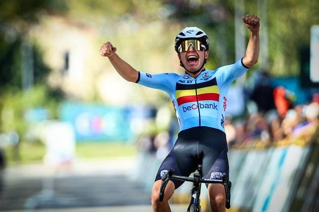 Belgian Jarno Widar celebrates as he crosses the finish line to win the 121,1 km Men U23 Road Race at the UEC road European cycling championships, in France on Saturday 04 October 2025. The European cycling championships in Drome-Ardeche takes place from 1 to 5 October. DAVIDxPINTENS  x136043553x