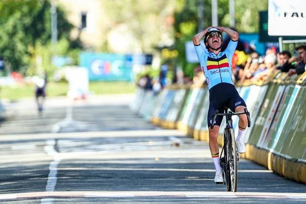 Belgian Jarno Widar celebrates as he crosses the finish line to win the 121,1 km Men U23 Road Race at the UEC road European cycling championships, in France on Saturday 04 October 2025. The European cycling championships in Drome-Ardeche takes place from 1 to 5 October. DAVIDxPINTENS  x136043589x