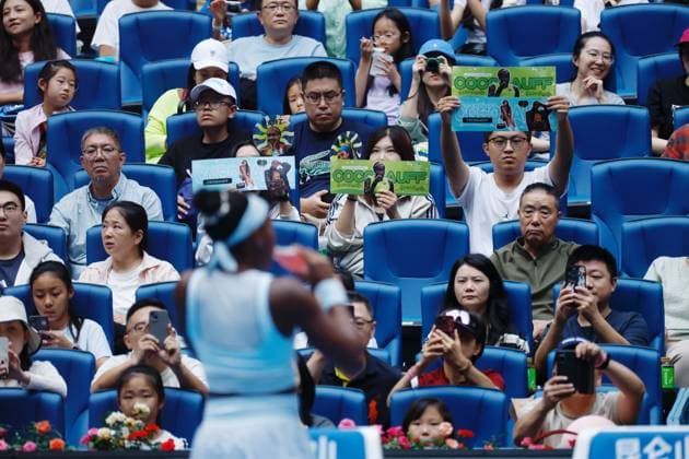 BEIJING, CHINA - OCTOBER 04: Fans cheer for Coco Gauff in the Women s Singles Semifinal match between Coco Gauff of the United States and Amanda Anisimova of the United States on day 13 of the 2025 China Open at the National Tennis Center on October 4, 2025 in Beijing, China.  Copyright: xChinaxNewsxServicex 111595031167
