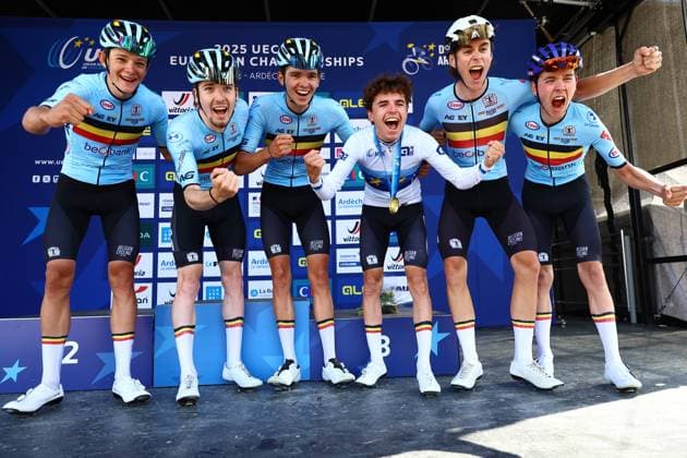 Belgian Jarno Widar celebrates on the podium after winning the 121,1 km Men U23 Road Race at the UEC road European cycling championships, in France on Saturday 04 October 2025. The European cycling championships in Drome-Ardeche takes place from 1 to 5 October. DAVIDxPINTENS  x136043727x