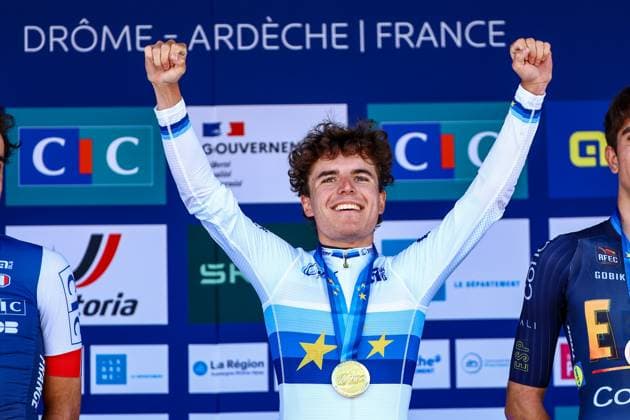 Belgian Jarno Widar celebrates on the podium after winning the 121,1 km Men U23 Road Race at the UEC road European cycling championships, in France on Saturday 04 October 2025. The European cycling championships in Drome-Ardeche takes place from 1 to 5 October. DAVIDxPINTENS  x136044233x