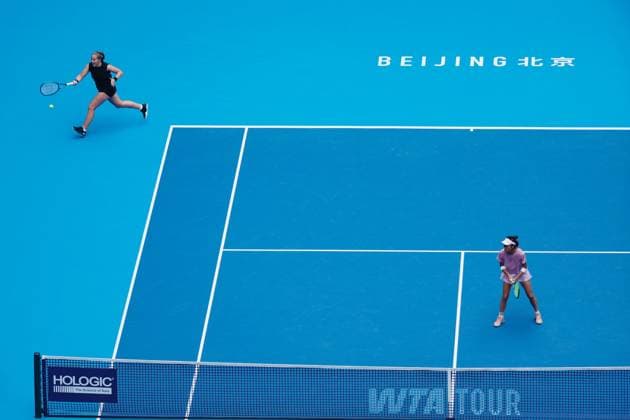 BEIJING, CHINA - OCTOBER 04: Hsieh Su-wei of Chinese Taipei and Jelena Ostapenko of Latvia return a shot in the Women s Doubles Semifinal match against Sara Errani of Italy and Jasmine Paolini of Italy on day 13 of the 2025 China Open at the National Tennis Center on October 4, 2025 in Beijing, China.  Copyright: xChinaxNewsxServicex 111595033097