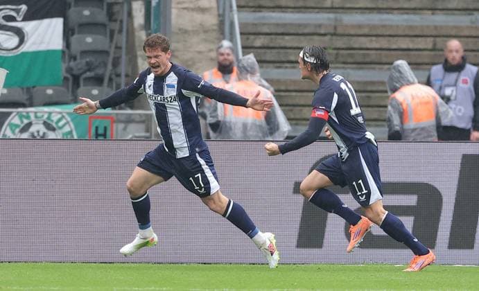 Sebastian Grönning cheers after 1 0 with Fabian Reese Joy Emotion Jubilation Sport Football Soccer DFL 2 Bundesliga Men 8 Matchday Season 2025 2026 04 10 2025 Hertha BSC Berlin vs Preußen Münster DFL regulations prohibit any use of photographs as image sequences and or quasi video