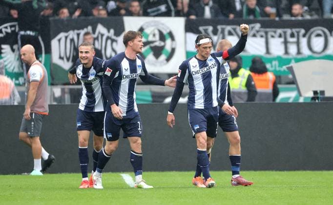 Sebastian Grönning cheers after 1 0 with Fabian Reese Joy Emotion Jubilation Sport Football Soccer DFL 2 Bundesliga Men 8 Matchday Season 2025 2026 04 10 2025 Hertha BSC Berlin vs Preußen Münster DFL regulations prohibit any use of photographs as image sequences and or quasi video