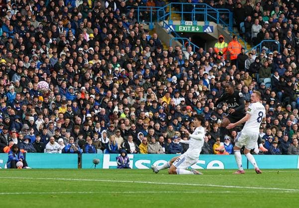 Leeds, England, 4th October 2025. Mathys Tel of Tottenham Hotspur shoots to score the first goal during the Leeds United vs Tottenham Hotspur Premier League match at Elland Road, Leeds. Picture credit should read: Nigel Roddis Sportimage EDITORIAL USE ONLY. No use with unauthorised audio, video, data, fixture lists, club league logos or live services. Online in-match use limited to 120 images, no video emulation. No use in betting, games or single club league player publications. SPI_006_NR_LEED_TOTE SPI-4193-0006