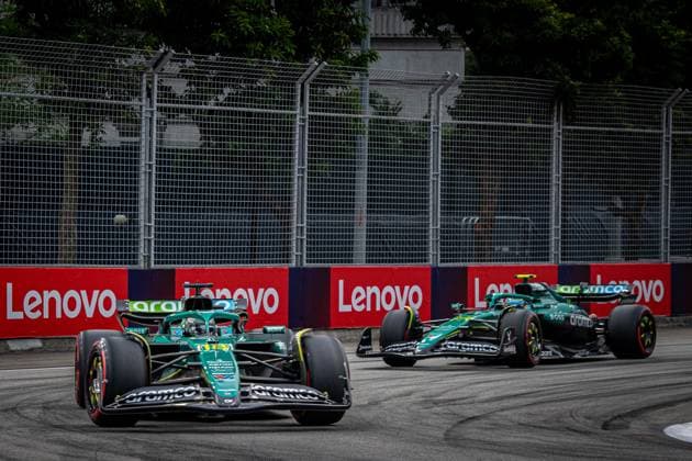 Formula 1 GP Singapore Saturday, 04 10 2025 Lance Stroll 18, Aston Martin Aramco F1 Team and Fernando Alonso 14, Aston Martin Aramco F1 Team Formula 1 GP Singapore Saturday, 04 10 2025 Copyright: xBEAUTIFULxSPORTS Erlhofx