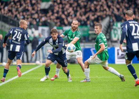 Soccer, Men, Season 2025 2026, 2 Bundesliga 8 Matchday , Hertha BSC SC Preußen Münster, f l Jon Dagur Thorsteinsson Hertha BSC , Sebastian Grönning Hertha BSC , Jannis Heuer Münster , Jano ter Horst Münster , Marten Winkler Hertha BSC , 04 10 2025, Copyright: xSebastianxRäppold MatthiasxKochx
